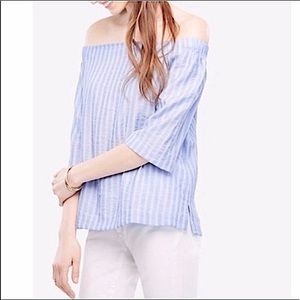 Ann Taylor Off-the-Shoulder Horizontal Blue and White Stripe Casual Top